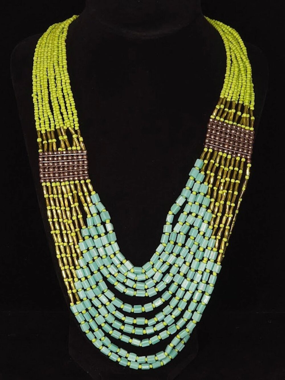 Vintage Boho Multi-Strand Beaded Statement Necklace - Lime Green & Aqua Blue
